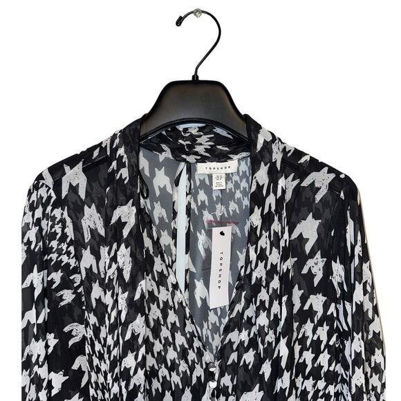 Topshop Black and White Houndstooth Tie Neck Semi Sheer Flowy Midi Dress Size 8 - Picture 6 of 13